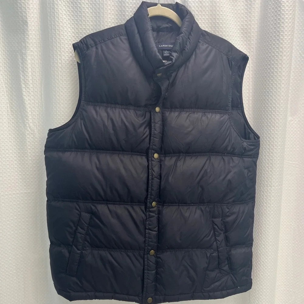 Lands End Mens Down Puffer Vest Navy Blue Quilted Insulated Snap Front L 42-44